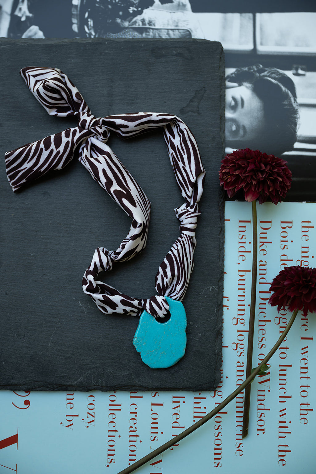 Chocolate Zebra and Turquoise Scarf Necklace