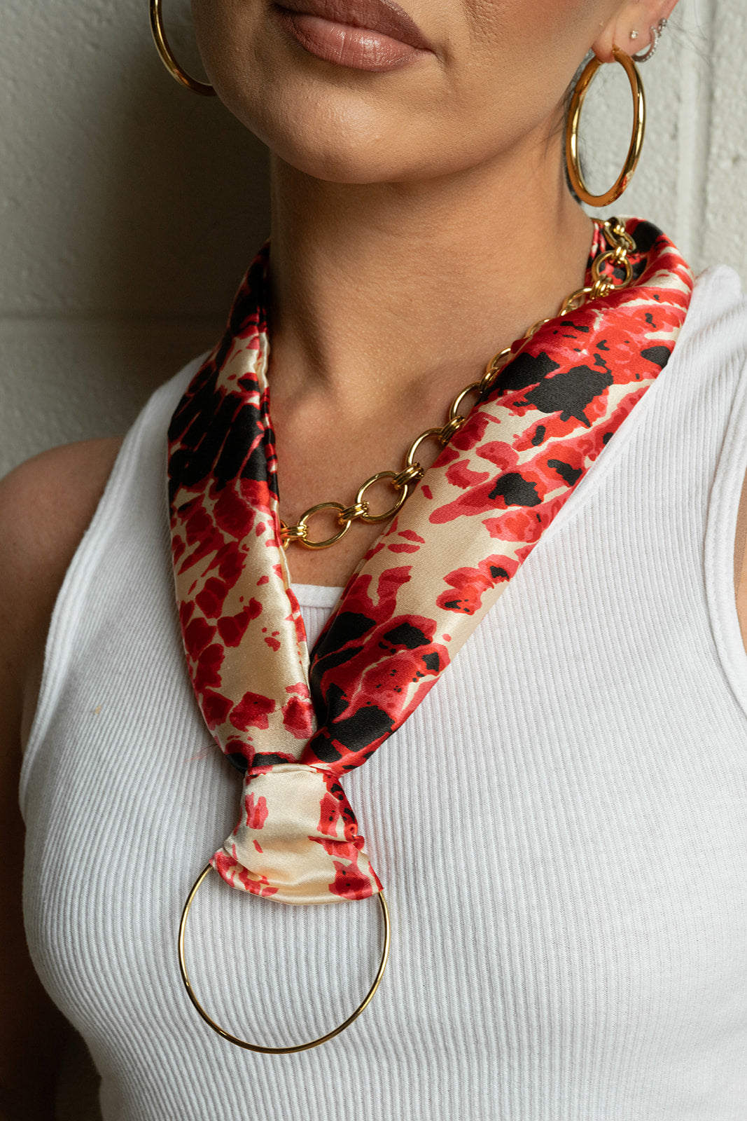 Oversized Hoop Red Snakeskin Scarf Necklace